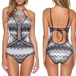 BECCA Black & White High-Neck Mesh One-Piece Swimsuit